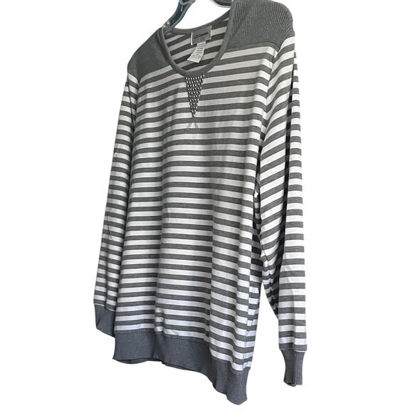 C.D. DANIELS LONG RAGLAN SLV ROUND NECK TOP, WOMENS, 2X, GREY & WHITE STRIPES - Picture 4 of 11